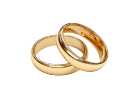 Two shiny gold wedding rings intertwined, symbolizing marriage and commitment, isolated on transparent background. Wedding, Love, Relationship. png
