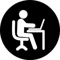 Remote Work icon. Line Symbol Worker Man at the Desk Designer Freelancer laptop . Coworking and Workplace or Workspace. Custom Pictogram Editable Stroke. Black round icon. vector