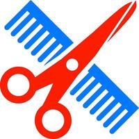 Hair comb or barber comb and scissor. For combing and styling hair or haircut. Shears or scissors symbol. Tools for barber shop. Hairdressing tool. Barbershop concept. Red blue colour icon. vector