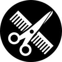 Hair comb or barber comb and scissor. For combing and styling hair or haircut. Shears or scissors symbol. Tools for barber shop. Hairdressing tool. Barbershop concept. Black round icon. vector