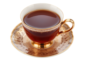 Porcelain tea cup with gold trim and handle, filled with tea, on a matching saucer, isolated on transparent background, tea time, beverage, drink. png