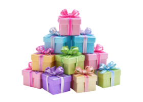 Stack of colorful pastel gift boxes with ribbons and bows, glitter texture, isolated on transparent background. celebration, holiday, present. png
