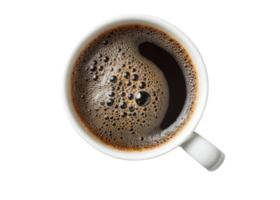 Top view of a white mug with black coffee and foam isolated on transparent background, drink, beverage, caffeine. png