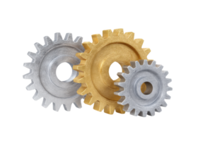Three interlocking metal gears, silver and gold, isolated on transparent background. Mechanism, connection, teamwork. png