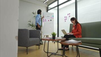 In a contemporary office, two young entrepreneurs are on a mission to generate ideas and establish a business project video