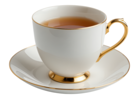 White teacup with tea and saucer, gold trim, isolated on transparent background, tea time, drink, beverage. png
