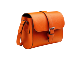 Orange leather shoulder bag with buckle closure, isolated on transparent background, fashion, accessory, style png
