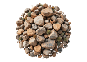 Pile of natural stones and rocks of various sizes and shapes with small plants, isolated on transparent background. Nature, Geology, Material. png