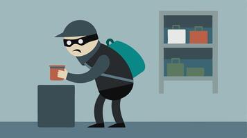 Collecting Cash A robber hastily stuffing money into a backpack while eyeing a security camera in the corner of the shop.. vector