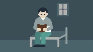 The prisoner holding a faded photograph in their hands looking at it with a mixture of nostalgia and regret seated on the cot.. vector