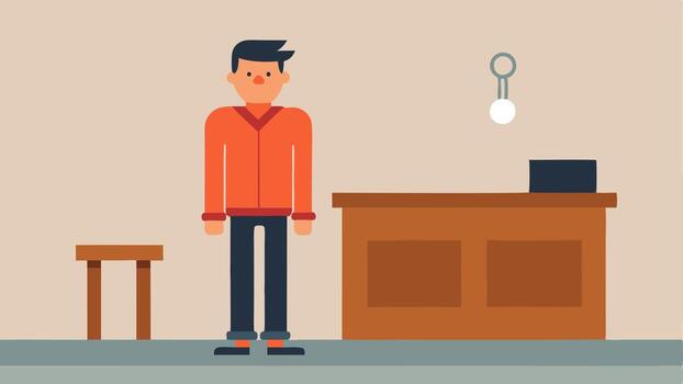 Defendants Stance A fullbody view of a defendant wearing casual clothing and handcuffs standing nervously in front of a judges bench with a solemn expression.. vector