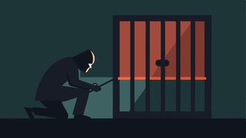 Cell Bars and Shadow A dark prison cell with heavy bars showing a shadowy figure huddled in the corner tinkering with a makeshift lockpick made from a bent s.. vector