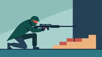 Concealed Approach A side view of the sniper stealthily crawling toward the edge of a building with a determined look and a wellequipped rifle ready for action.. vector