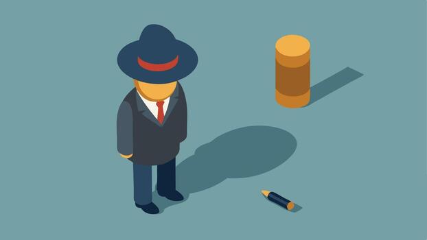 3D Model Illustration A topdown view of a detective focused on a bullet casing marked with a small number indicating its significance within a larger crime scene setup.. vector