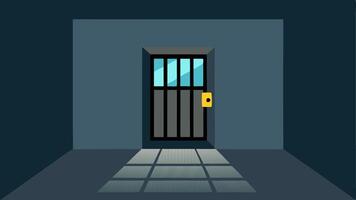 Cell Door View A perspective view from inside a cell showing the solid metal door and a small barred window with a dim light visible outside.. vector