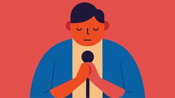 Body Language The suspect is shown with slumped shoulders and trembling hands conveying anxiety and guilt while speaking into the microphone.. vector