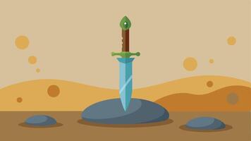 Dagger a Stones A dagger with an ornate handle stuck between two large stones on the side of a ditch surrounded by pebbles and dirt.. vector