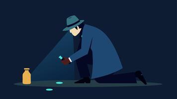 Collecting Evidence The detective kneels next to a discarded objectlike a broken bottleilluminated by the flashlight with small evidence markers p around it.. vector