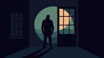 Dramatic Lighting A shadowy figure standing in front of a window highlighting the silhouette of a criminal contemplating their next move under the light of a full moon.. vector