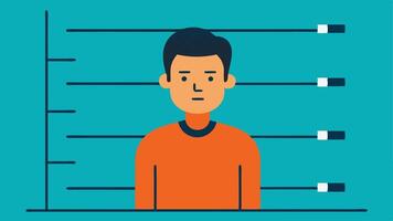 Each illustration description aims to convey a clear visual of the process of taking a suspects mugshot while placing emphasis on the height chart as an integral part of the scene.. vector