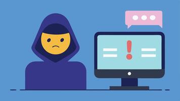 Alarmed Victim A character looking distressed while staring at a computer screen displaying a fraud alert message symbolizing the victims realization of identity theft.. vector
