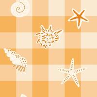 Seamless pattern with shells, starfish, and marine elements on a warm checkered background. Suitable for beach decor, summer fabrics, and wrapping designs vector