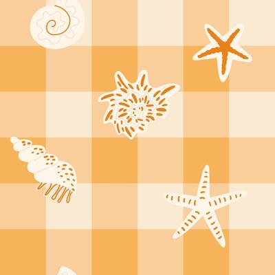 Seamless pattern with shells, starfish, and marine elements on a warm checkered background. Suitable for beach decor, summer fabrics, and wrapping designs