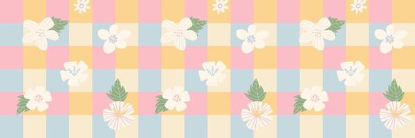 Seamless floral pattern with delicate pastel flowers on a checkered background. Perfect for textile design, packaging, and wrapping paper. Soft and elegant style. vector