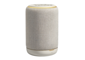 Cylindrical smart speaker with fabric texture and gold accents, isolated on transparent background. Technology, Audio, Home. png