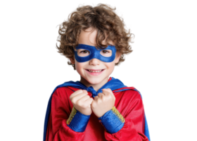 Young boy in red and blue superhero costume with mask and cape, smiling and making fists, isolated on transparent background. Childhood, Power, Imagination. png