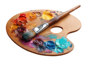Wooden art palette with colorful oil paint blobs and a paintbrush, isolated on transparent background. Art, Creativity, Painting. png