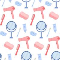 Pattern featuring bathroom essentials like mirrors, combs, and hairdryers in pastel colors vector