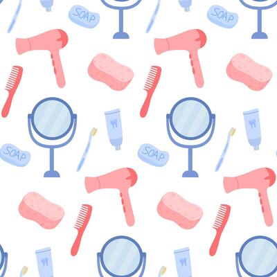Pattern featuring bathroom essentials like mirrors, combs, and hairdryers in pastel colors