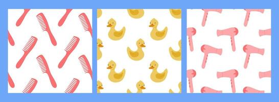 Colorful patterns featuring combs, rubber ducks, and hairdryers suitable for playful design projects vector