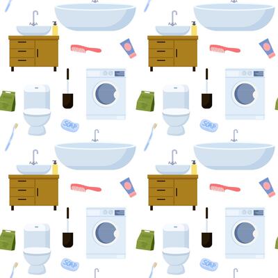 Bathroom patterns with various fixtures and cleaning items displayed in a colorful design
