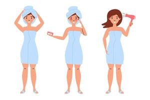 Women in towel engaging in self-care routine at home after showering in the morning vector