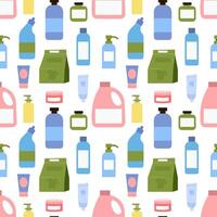 Colorful pattern design featuring various bottles and containers for household products vector