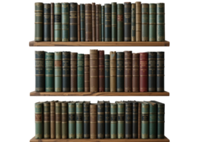 Three wooden shelves filled with many old antique books, isolated on transparent background, library, knowledge, history. png