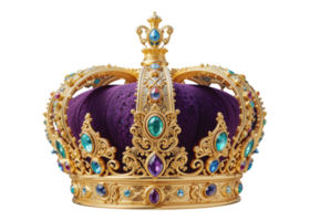Golden crown with purple velvet and colorful gems, isolated on transparent background, royalty, power, wealth. png