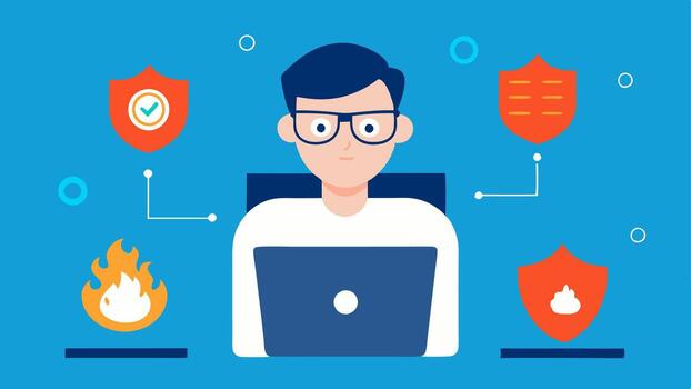 Firewall Setup A technician in glasses is shown configuring a digital firewall on a laptop with visual representations of firewalls and shield icons popping up around them. vector