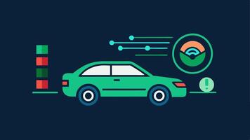on one side the physical car is illustrated and on the other a hightech digital display showing engine diagnostics and performance metrics.. vector