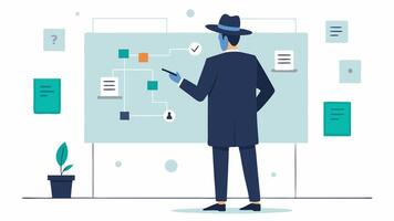 Connecting the Dots on a Whiteboard At an office space the detective stands before a whiteboard covered in clues and connections using a marker to add new information.. vector