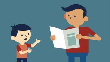a man reads a newspaper and a child points in amazement.. vector
