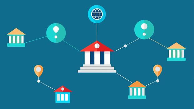 A series of map pins representing physical bank branches across a neighborhood on one side contrasted with a digital world map showing an array of connected user devices. vector