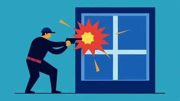 Flashbang Deployment An illustration of an officer throwing a flashbang grenade into a window to distract the armed criminals inside. The explosion effects are illustrated with. vector