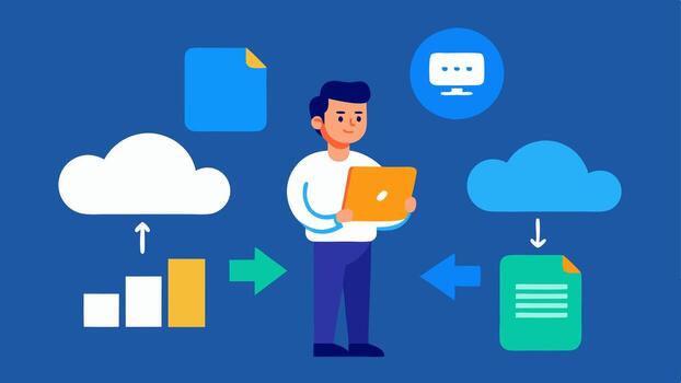 nube datos recuperación un experto accediendo nube almacenamiento y recuperación eliminado archivos rodeado por gráfico representaciones de nubes y digital archivos.. vector