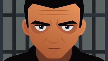 A closeup of the prisoners face showing a furrowed brow and intense eyes as they contemplate their choices with the cell blurred in the background.. vector