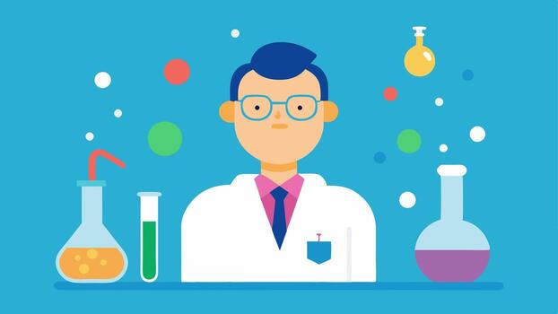 Chemical Reaction A showing a scientist observing a chemical reaction in a flask with colorful bubbles surrounded by labels and safety equipment.. vector