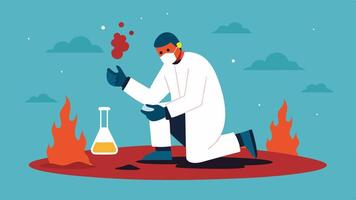 Chemical Testing An investigator wearing gloves using test tubes to analyze samples taken from the ground in a burnt area.. vector