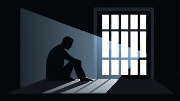 A silhouette of the prisoner sitting by the barred window with light streaming in symbolizing hope and despair intertwined in their contemplation.. vector